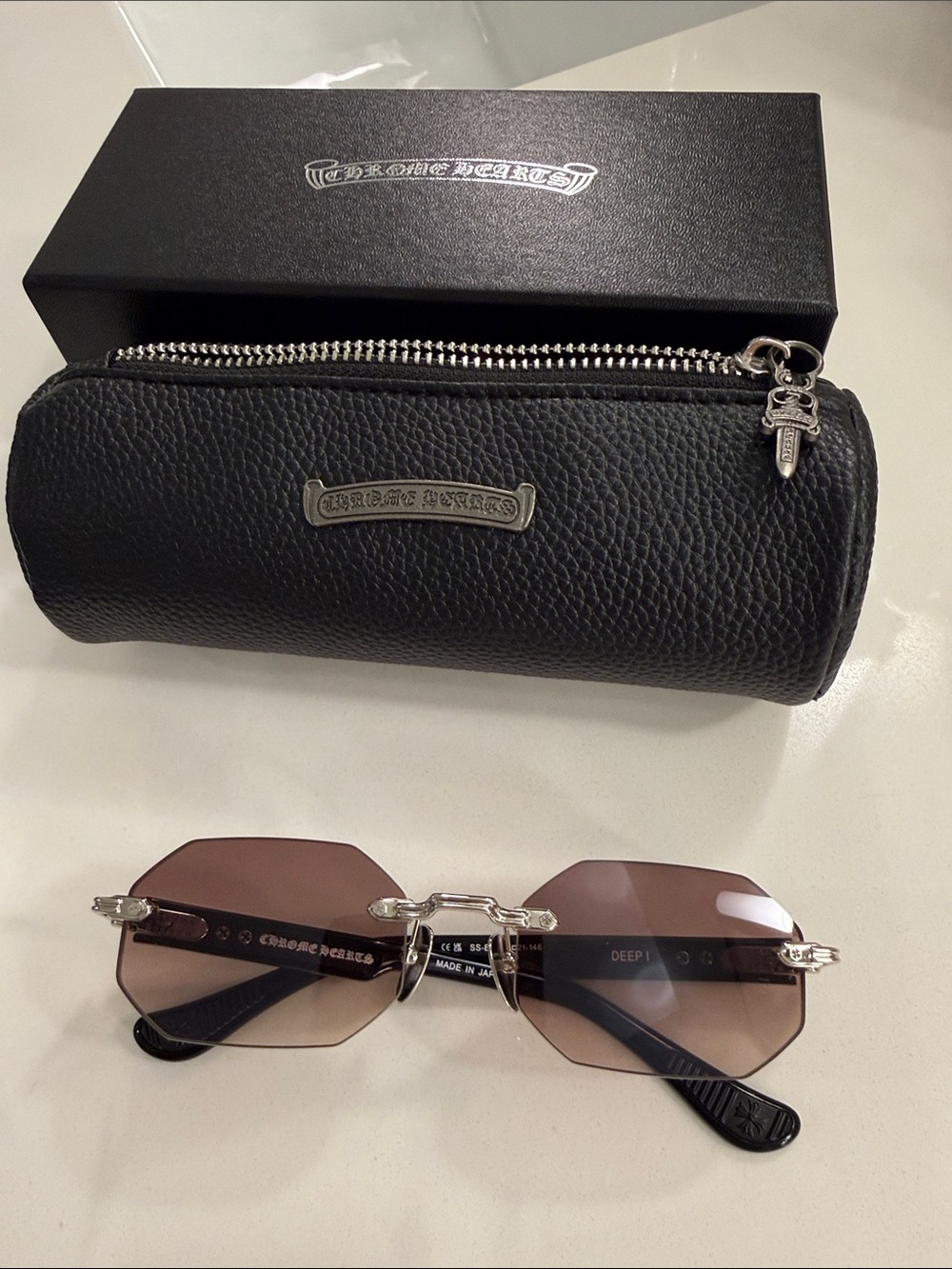 Chrome Hearts Women’s Black Leather Sunglasses Case & Brown Lens Sunglasses